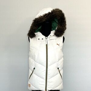 Puma White and Green Puffer Vest with Orange Accents and Hood